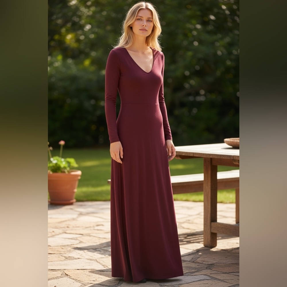 RIPE Women’s Maxi Dress Large V Neck Long Sleeve Burgundy Dress L